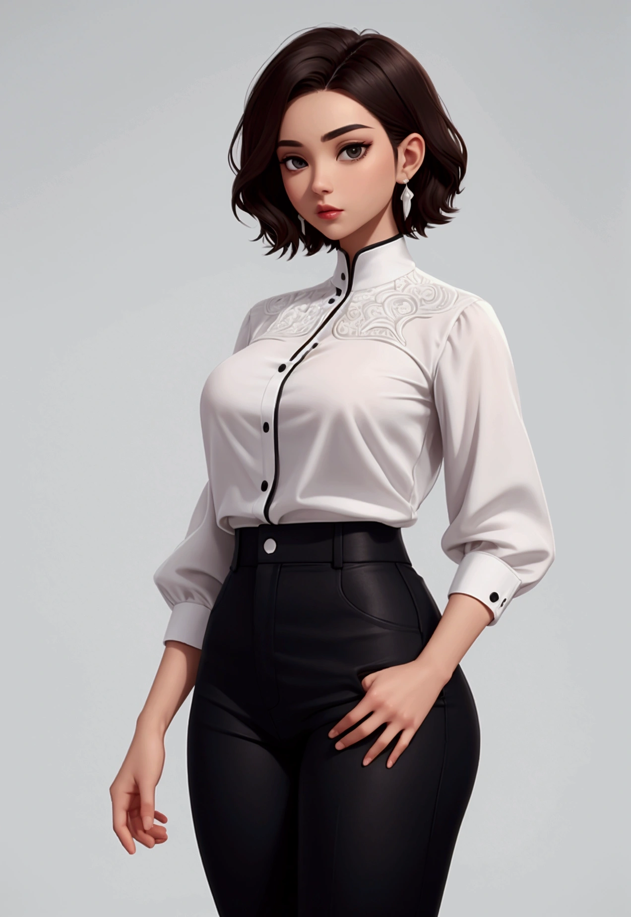 short hair, perfect body, Whole body, White background, wealthy,
black pantaloon,
a white blouse