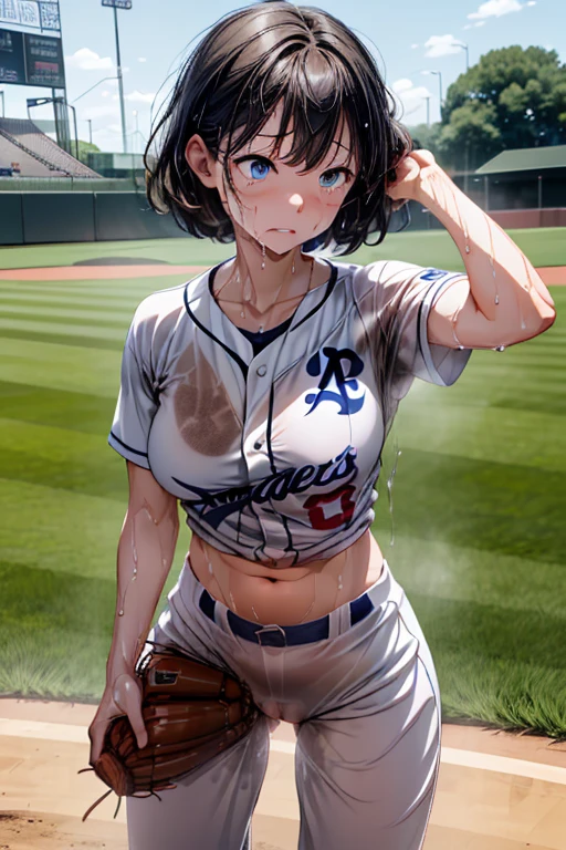 ((Browsing Caution))、(masterpiece, Highest quality, Highest quality, Official Art, beautifully)、blonde、short hair、blue eyes、beautiful girl、(Big Breasts、Large breasts)、(Full body photo、To the tips of the feet)、(((((Sweat、Soaking wet、body odor)))))、(((Detailed vagina、Love juice overflows from the vagina)))、(((practice、Extreme heat、Collapse in the heat、Painful expression)))、Very detailed、((((Smell fetish))))、Low rise、White baseball uniform、Short sleeve、belt、Long trousers、Blue socks、Black shoes、Baseball Girl、Baseball club、baseball Ground、dodgers uniform、((((Touching the groin))))