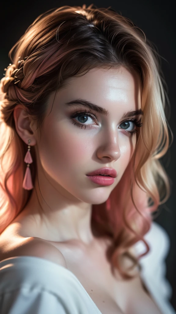 (((ultra realistic))) Photo, masterpiece, top quality, (pale skin), (Ultra detailed face and eyes:1.1), 1 girl, Adult, deep neckline, (Eye makeup, mascara) , ((large detailed lips)), ((pink wavy hair)), ((Chyolka)) , ((Natural breasts)). ((Posing)), photoshoot, studio ((contour light)), (The play of light and shadows), depth of field, bokeh, (special attention to skin detail: 1.2), (Light atmosphere of the frame, Pastel colors, Colours black), ((portrait, close to the camera)) , ultra detialed,