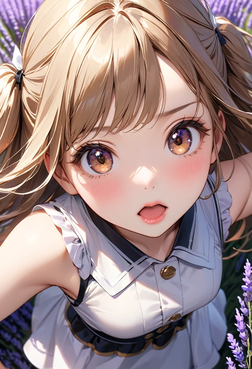 Highest quality, masterpiece, Ultra-high resolution, Realistic:1.2, RAW Photos, Intricate details, Portraiture, Big beautiful brown eyes:1.2, Perfect contours, Perfect proportions:1.2, One Girl, break ((Close-up of the mouth:1.2, (from above:1.2), looking up:1.2)), ((petite, short, tiny girl:1.2)), Light Brown Hair、((long hair, twintails:1.2)), (makeup:1.2, full lips:1.3, pink lips:1.3, shiny lips:1.3, parted lips:1.2), (Stroll through the lavender fields:1.2), ((Silk sleeveless shirt:1.2, Silk long skirt, Low heels)), break ((Place one arm above your head、Place one arm in front of your knee、My hair is about to be blown away by the wind:1.3、Leaning forward:1.2))、(Embarrassed expression:1.2、Pretty angry), (The background is a lavender field:1.2、Lavender fluttering in the wind, Several tourists walking), ((Gust of wind:1.2)), (armpit:1.2), (empty-handed)