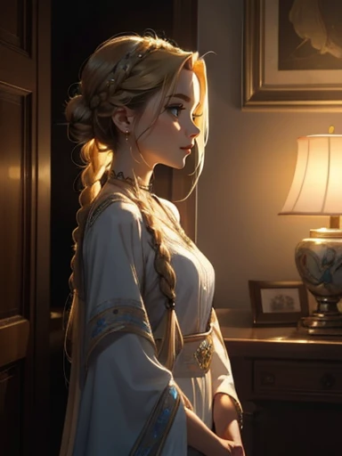 An incredibly beautiful young fatal blonde with clear blue eyes, she has long, long hair braided in two braids, her hair is gathered in a bun, double bun, bangs with a parting, her hair is decorated with flowers, jewelry, she is a goddess, she wears the clothes of the goddess militant Selena. She stands in the middle of the room, a lighted lamp in her hands, a crescent moon flickering on her forehead. Realistic image. Masterpiece, perfect image, realistic photos, full-length image, 8k, detailed image, extremely detailed illustration, a real masterpiece of the highest quality, with careful drawing.