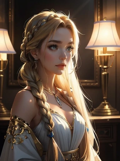 An incredibly beautiful young fatal blonde with clear blue eyes, she has long, long hair braided in two braids, her hair is gathered in a bun, double bun, bangs with a parting, her hair is decorated with flowers, jewelry, she is a goddess, she wears the clothes of the goddess militant Selena. She stands in the middle of the room, a lighted lamp in her hands, a crescent moon flickering on her forehead. Realistic image. Masterpiece, perfect image, realistic photos, full-length image, 8k, detailed image, extremely detailed illustration, a real masterpiece of the highest quality, with careful drawing.
