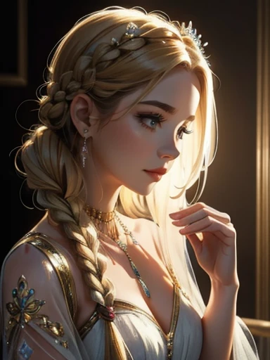 An incredibly beautiful young fatal blonde with clear blue eyes, she has long, long hair braided in two braids, her hair is gathered in a bun, double bun, bangs with a parting, her hair is decorated with flowers, jewelry, she is a goddess, she wears the clothes of the goddess militant Selena. She stands in the middle of the room, a lighted lamp in her hands, a crescent moon flickering on her forehead. Realistic image. Masterpiece, perfect image, realistic photos, full-length image, 8k, detailed image, extremely detailed illustration, a real masterpiece of the highest quality, with careful drawing.