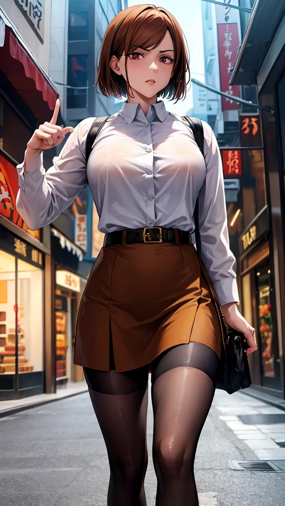 (high res, 8K, masterpiece, looking at viewer, best quality, very aesthetic, ultra detailed, ultra background, ultra Eyes), intricate details, 1girl, Nobara Kugisaki, The jujutsu consists of a dark blue bukakuran-style top, a button-up jacket, a matching long skirt that reaches just above the knee, wearing black stockings, brown shoes along with the signature brown belt that holds jujutsu equipment, Short brown hair, orange Eyes, Angry Face, red lips, in front of a clothing store, bag, pointing to clothes in the shop, Background City, Cinematic Angle
