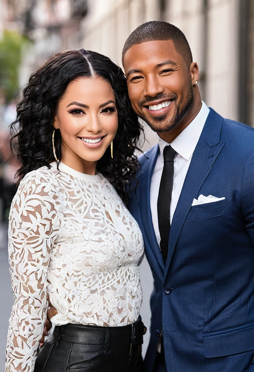 INNA and a handsome African American male whose facial features are a combo of Charles Michael Davis + Ray J pose together for a photo. Both are smiling. Both are attired attractively but casually for a date. INNA has lovely makeup on her face. Daytime. Romantic ambiance. Symmetrical eyes. Symmetrical faces. Lovely details. Photorealistic. Full-colored photo. Professional photo. Highly detailed 8K.
