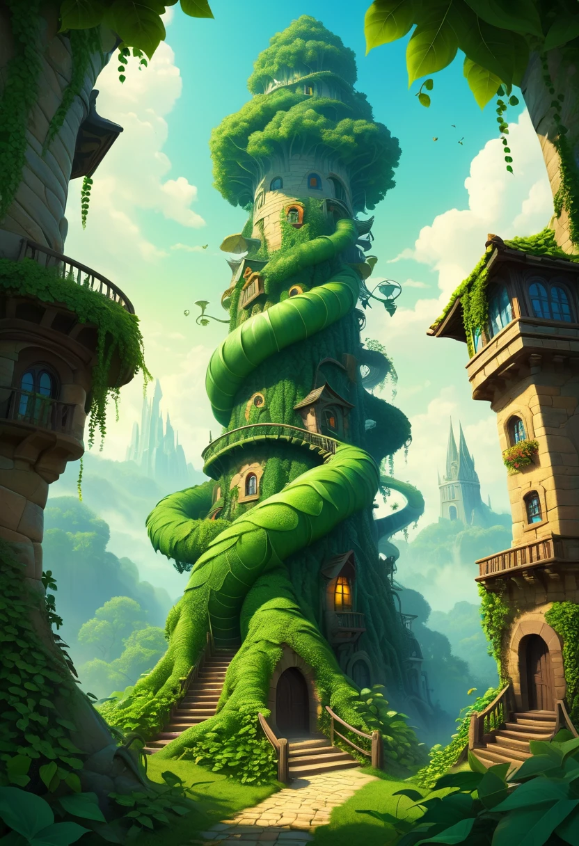a big tree with a green leaf, Jack and the Beanstalk, twisted giant tower, Full color image, colored illustration, rendered image, a plant monster, Cartoony and simple, Vegetation tentacles, stylized digital illustration, Play value of plants and trees, everything grows in a huge, ivy, Eine Illustration