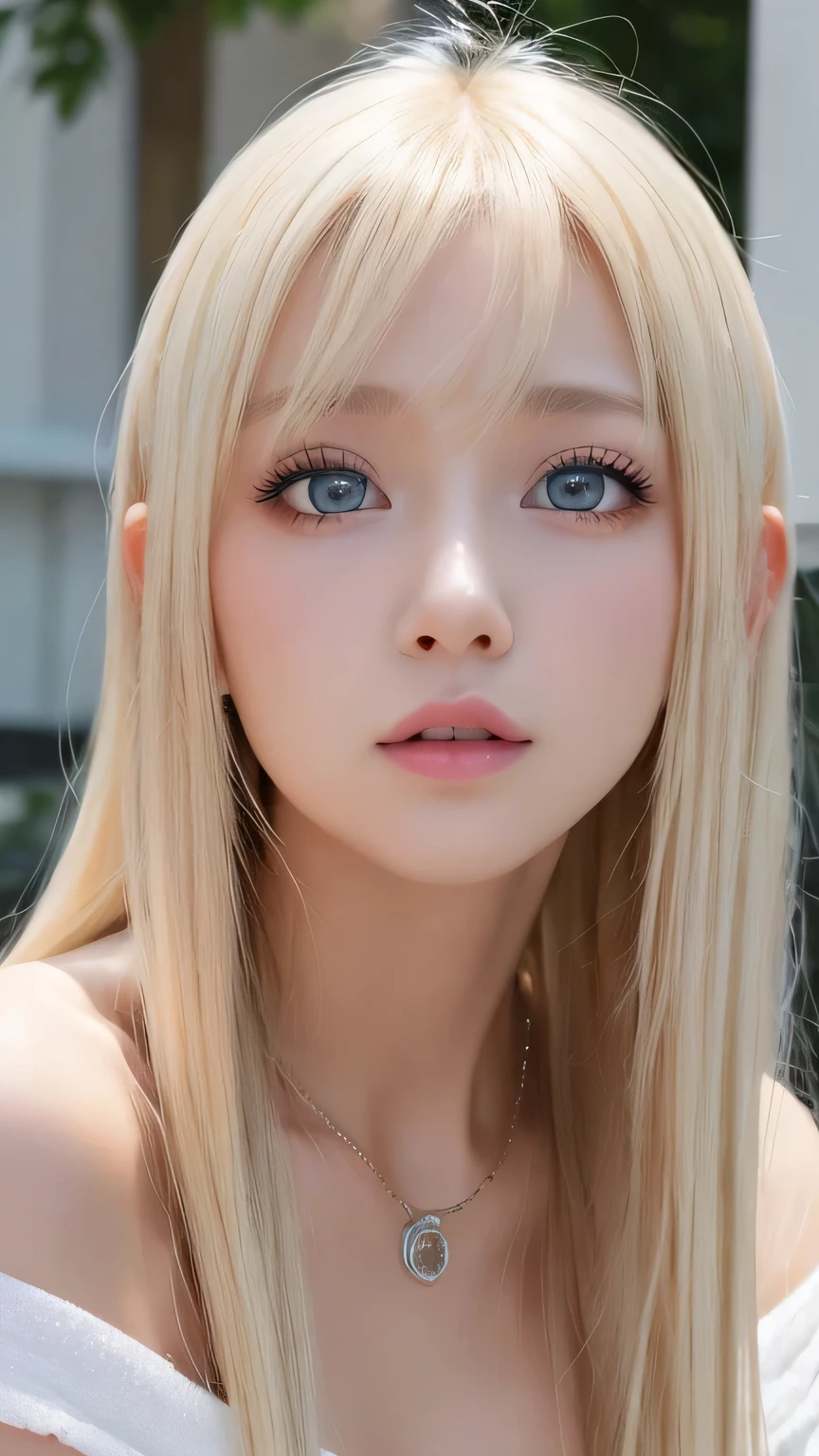 Realistic、Super adopted、ung idol girl、Gazing into the distance、date、off shoulder white tops、Round and young々Funny face、Bangs between the eyes、Accessories Full、necklace、big, clear, bright light blue eyes、Very big eyes、Long eyelashes、Big Breasts、Narrow waist、light makeup、Beautiful teeth、Embarrassed look。Shiny blonde hair、Super long, straight, silky platinum blonde hair、Beautiful girl with a small face、Gloss Cheek Highlight、