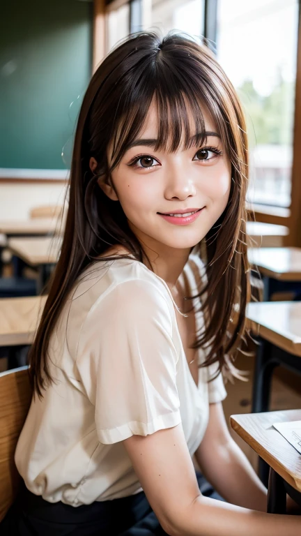 Highest quality, Face Focus, Soft Light, (Depth of written boundary) ,Ultra-high resolution, (Realistic:1.4), RAW Photos, A Japanese brunette with long hair and blunt bangs is sitting in a classroom , smile