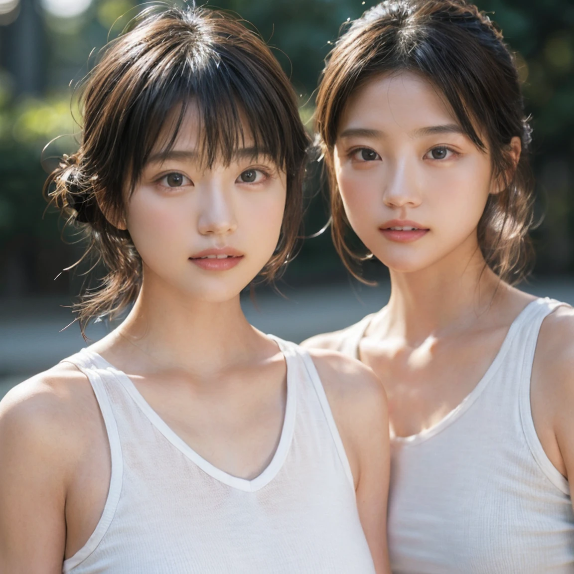 Beautiful identical twin sisters、(8k、RAW Photos、Highest quality、masterpiece:1.2)、(Realistic、Photorealistic:1.37)、Very detailed、Ultra-high resolution、1 girl、There is a genuine uneven frame.、Kasumi Arimura、Seeing the viewer、Beautiful and dense face、smile、narrow、(Muscular style) :1.3)、Gymnastics、Beautiful, smooth skin、Skin Texture、Professional Lighting、Whole Body Ezbian、I&#39;Iは筋トレをしています.....、(Muscular body)、Hold dumbbells