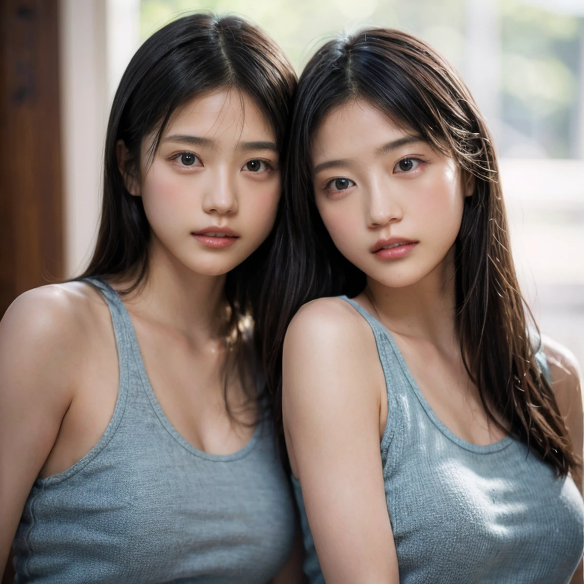 Beautiful identical twin sisters、(8k、RAW Photos、Highest quality、masterpiece:1.2)、(Realistic、Photorealistic:1.37)、Very detailed、Ultra-high resolution、1 girl、There is a genuine uneven frame.、Kasumi Arimura、Seeing the viewer、Beautiful and dense face、smile、narrow、(Muscular style) :1.3)、Gymnastics、Beautiful, smooth skin、Skin Texture、Professional Lighting、Whole Body Ezbian、I&#39;Iは筋トレをしています.....、(Muscular body)、Hold dumbbells