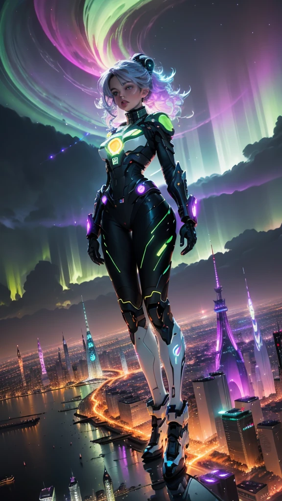 best quality,4k,8k,highres,masterpiece:1.2,ultra-detailed,realistic:1.37,city at night,aurora borealis,pulsating lights,impressive skyscrapers,futuristic architecture,flying cars,hovering drones,neon signs,reflection on water,star-filled sky,glowing windows,light trails,metropolis,vibrant colors,shimmering aurora,interstellar atmosphere,dynamic composition,majestic cityscape,surreal beauty,electric energy,dreamlike ambiance,magical skyline,luminous glow,sci-fi elements,enchanted futuristic city,cosmic rays,nighttime illumination,lively atmosphere,awe-inspiring spectacle