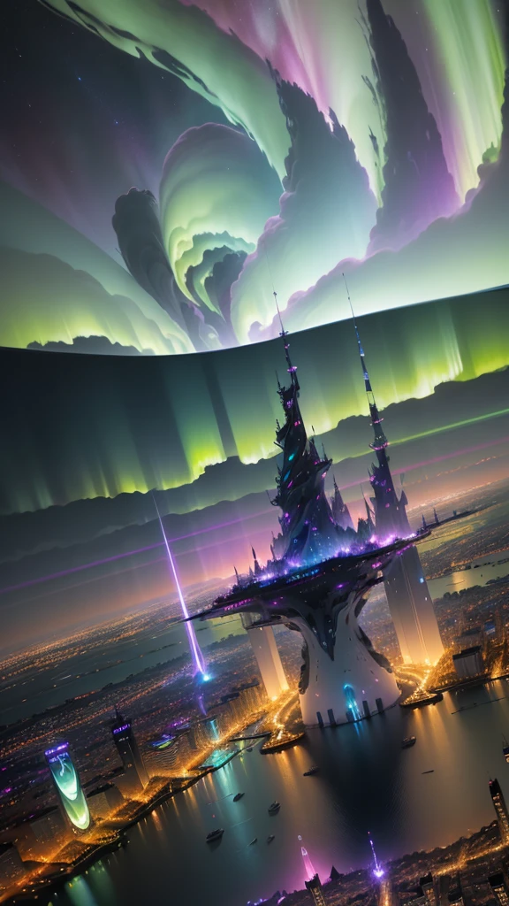 best quality,4k,8k,highres,masterpiece:1.2,ultra-detailed,realistic:1.37,city at night,aurora borealis,pulsating lights,impressive skyscrapers,futuristic architecture,flying cars,hovering drones,neon signs,reflection on water,star-filled sky,glowing windows,light trails,metropolis,vibrant colors,shimmering aurora,interstellar atmosphere,dynamic composition,majestic cityscape,surreal beauty,electric energy,dreamlike ambiance,magical skyline,luminous glow,sci-fi elements,enchanted futuristic city,cosmic rays,nighttime illumination,lively atmosphere,awe-inspiring spectacle