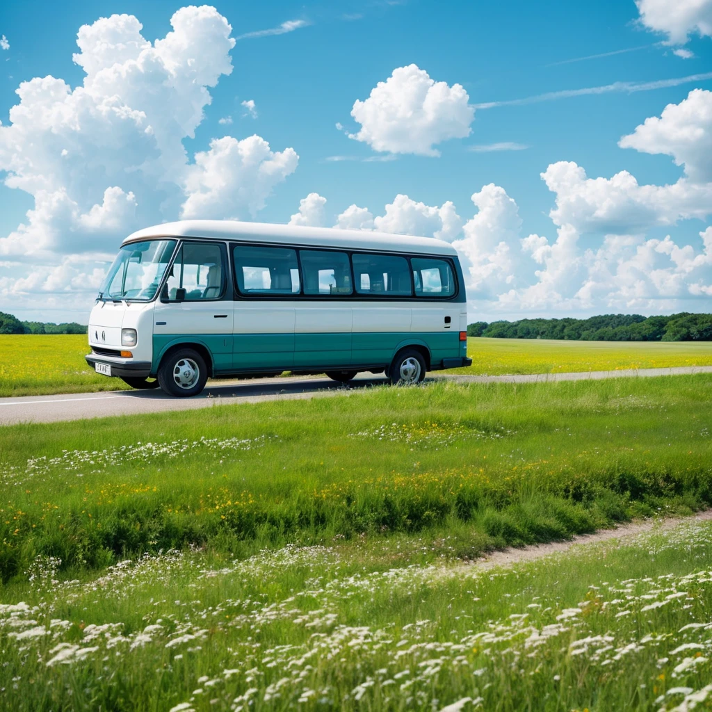 (Minimalism:1.4), Minibus on the road, Studio Ghibli Art, Miyazaki, Meadow with blue sky and white clouds