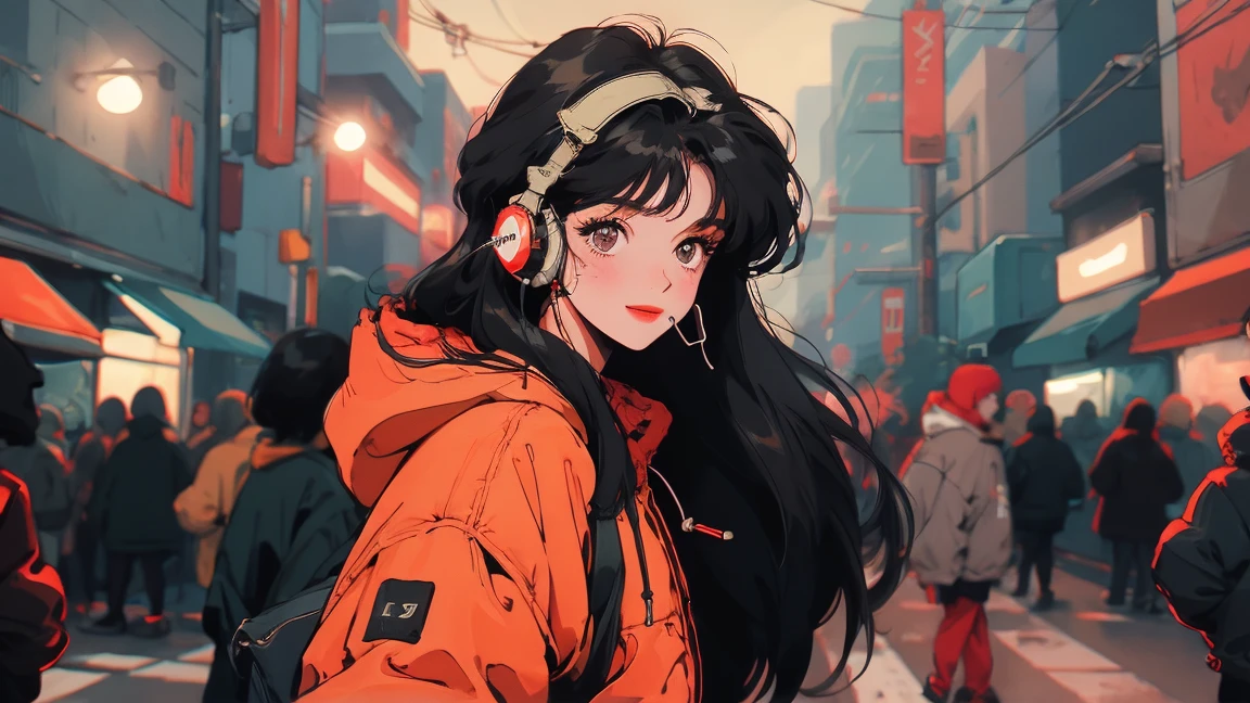 whole body、Kind Face、One beautiful woman、Hooded parka、skirt、pedestrian crossing、Signal 、intersection、Complex background、Detailed Hair、smile、Black Hair、Faint lighting、Wear headphones