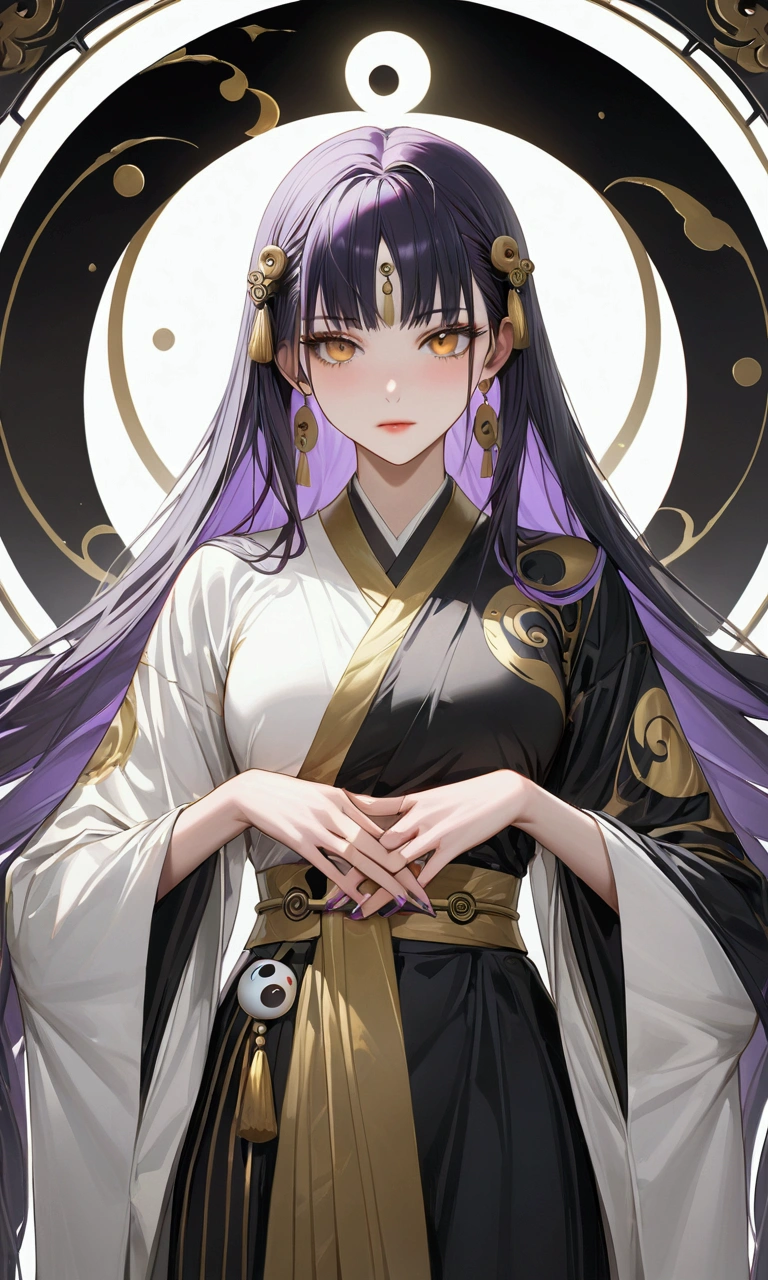 black hair, inner colored dark-purple hair, golden eyes, slender and athletic built, ying yang robes, masterpiece, super detail, best quality, 8k,semi-realistic