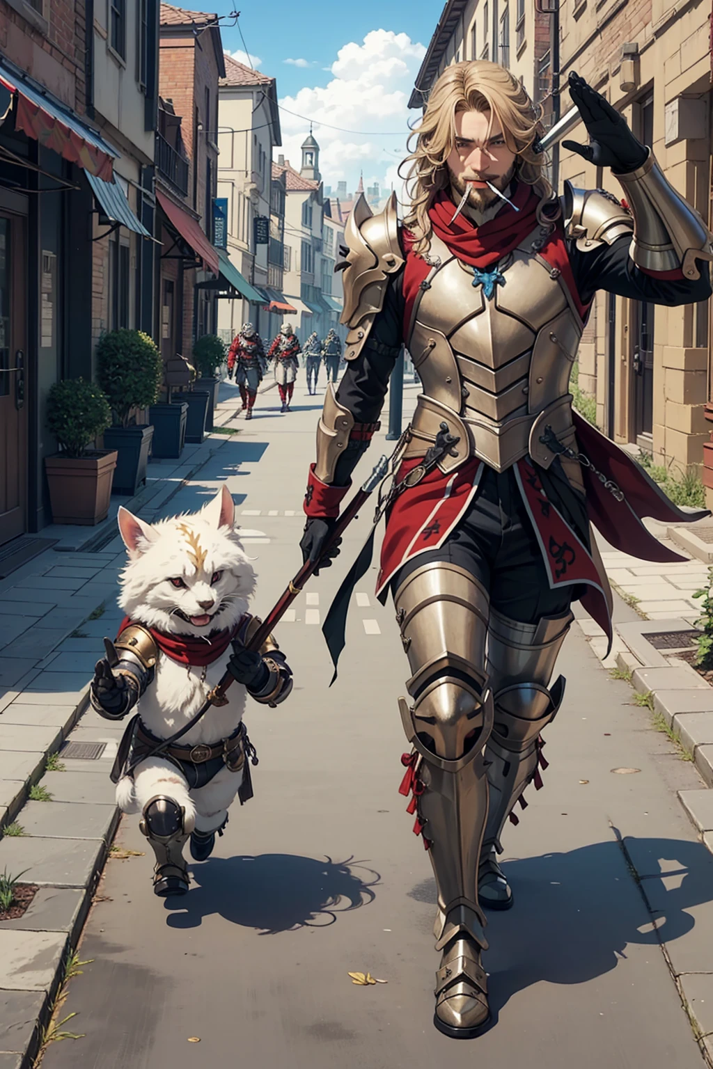 1 muscular male, long blonde messy hair, heavily bearded, wearing full black and red knight armor, fully armored, waving to the peoples, walking in the town full of peoples, smiling, smoking pipe on his mouth, 