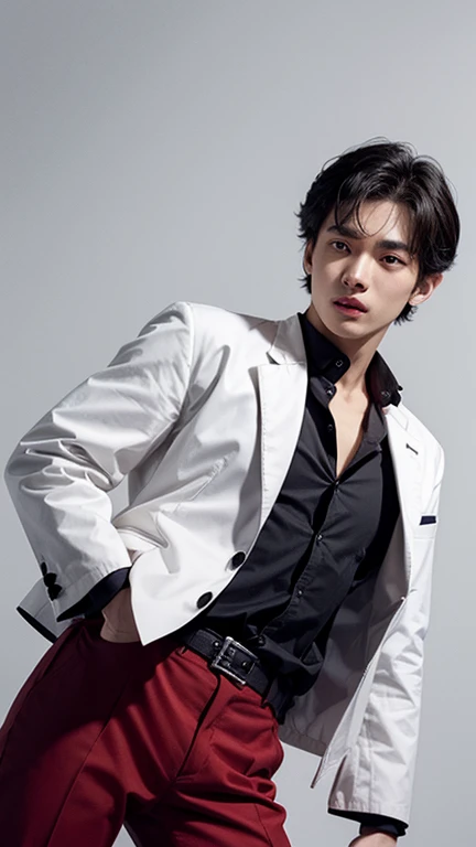 solo , 1man , thai man , Red Button-down shirt with collar , black Long pants , happy , white jacket