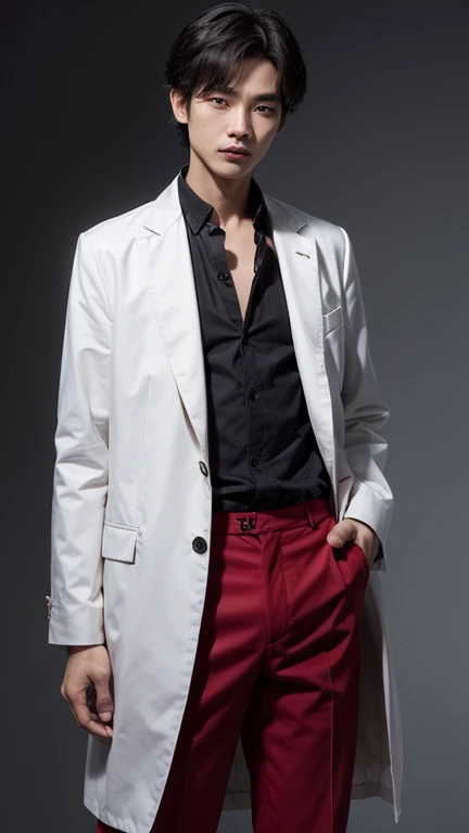 solo , 1man , thai man , Red Button-down shirt with collar , black Long pants , happy , white jacket