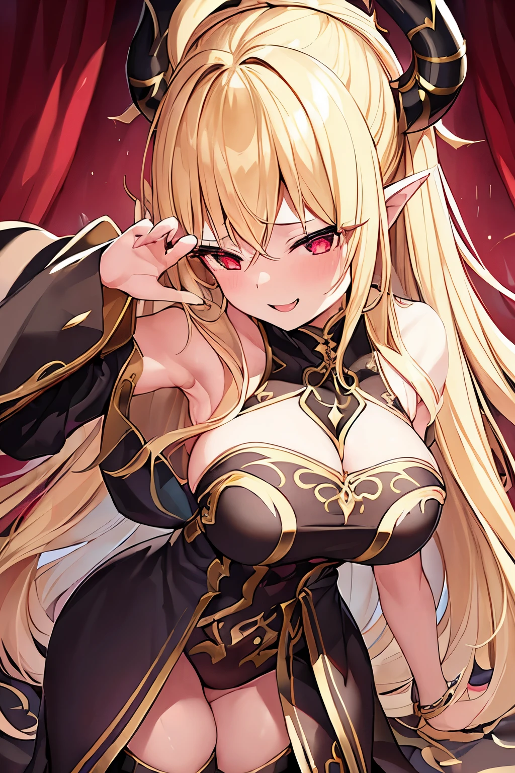 1 girl、Blonde、Long Hair、Fantasy、Holy Goddess、Black clothing、Complicated costumes、Gold decoration、(Aggressive design)、Sleeves that cling to the arms、Bigger breasts、Expose、Shameless、Provocative、Fan、Lust、Estrus、lure、smile、Redness、((sexual excitement))、Red Eyes、Devil horns、Sexy pose、Wriggle your body