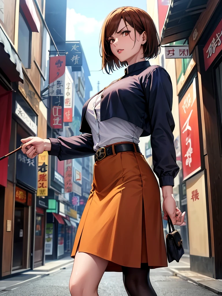 (high res, 8K, masterpiece, looking at viewer, best quality, very aesthetic, ultra detailed, ultra background, ultra Eyes), intricate details, 1girl, Nobara Kugisaki, The jujutsu consists of a dark blue bukakuran-style top, a button-up jacket, a matching long skirt that reaches just above the knee, wearing black stockings, brown shoes along with the signature brown belt that holds jujutsu equipment, Short brown hair, orange Eyes, Angry Face, red lips, in front of a clothing store, bag, pointing to clothes in the shop, Background City, Cinematic Angle