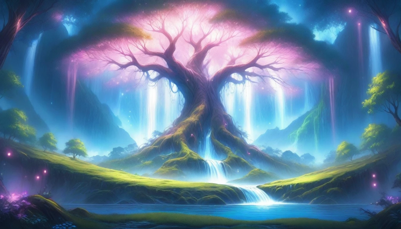 a painting of a waterfall and a large glowing magic tree in the middle of a field, magical background, fantasy painting hd, background artwork, magical landscape, mystical fantasy landscape, water everwhere fantasy, magical environment, beautiful fantasy painting, fantasy art landscape, mystical setting, with trees and waterfalls, digital art fantasy, enchanted magical fantasy forest, beautiful detailed fantasy, magical forest backround