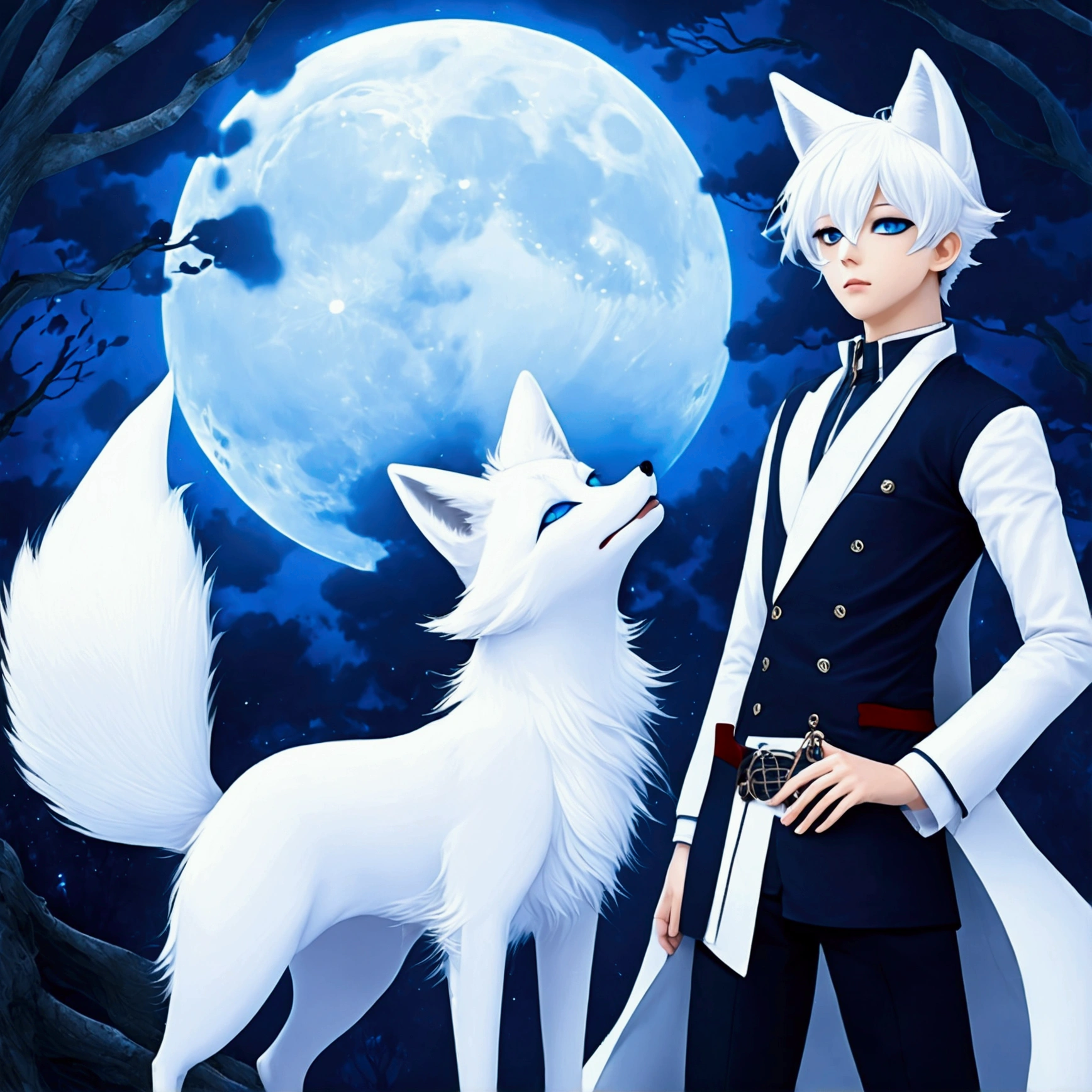 (Anime girl with white hair and fox ears in front of a full moon:1.5), Fantasy fox love, White fox, White Fox Anime, Anime fantasy illustration,(Dark forest background，Blue transparent smoke surrounds)，(Beside him is a giant white nine-tailed fox:1.8), art of silverfox,Highest quality, masterpiece, Ultra-high resolution, (Photo Real:1.4), Surreal Realism, dream-like,Fusion Art, Shadow Dancer, Shadow magic, darkness, stealth, Shadow Step, Umbral spell,