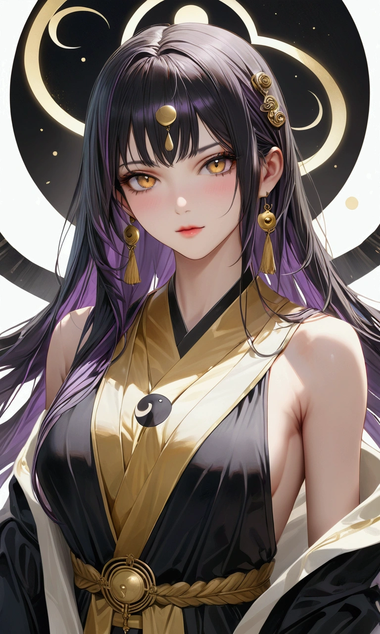 black hair, inner colored dark-purple hair, golden eyes, slender and athletic built, ying yang robes, masterpiece, super detail, best quality, 8k,realistic