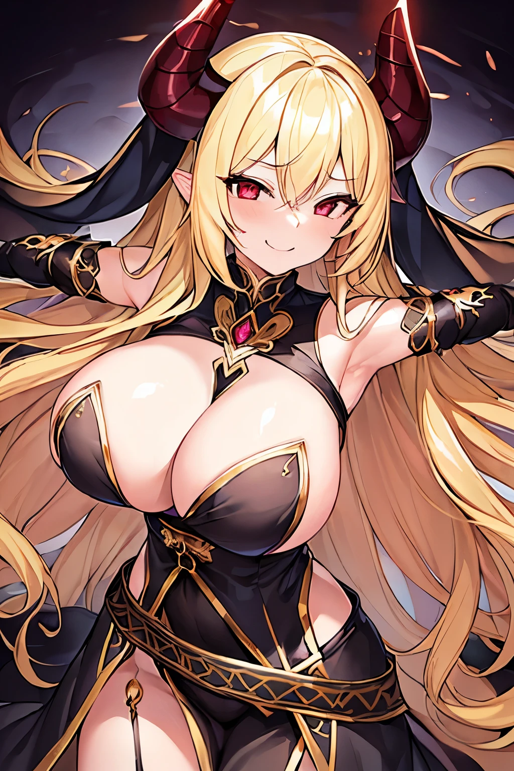 1 girl、Blonde、Long Hair、Fantasy、Holy Goddess、Black clothing、Complicated costumes、Gold decoration、(Aggressive design)、Sleeves that cling to the arms、Bigger breasts、Expose、Shameless、Provocative、Fan、Lust、Estrus、lure、smile、Redness、((sexual excitement))、Red Eyes、Devil horns、Sexy pose、Wriggle your body