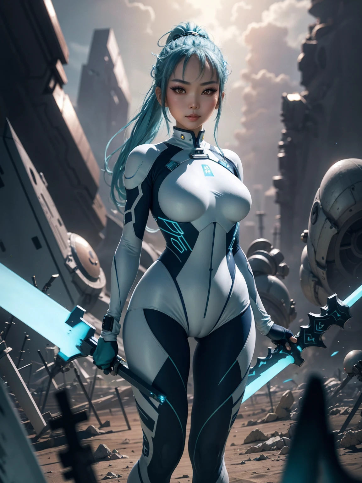 4K,hight resolution,One Asian Woman, light blue hair,poneyTail.Green eyes,Colossal ,White Cybersuit,Bodysuits, (holding Longsword), spaceship at the background in the space,Axe