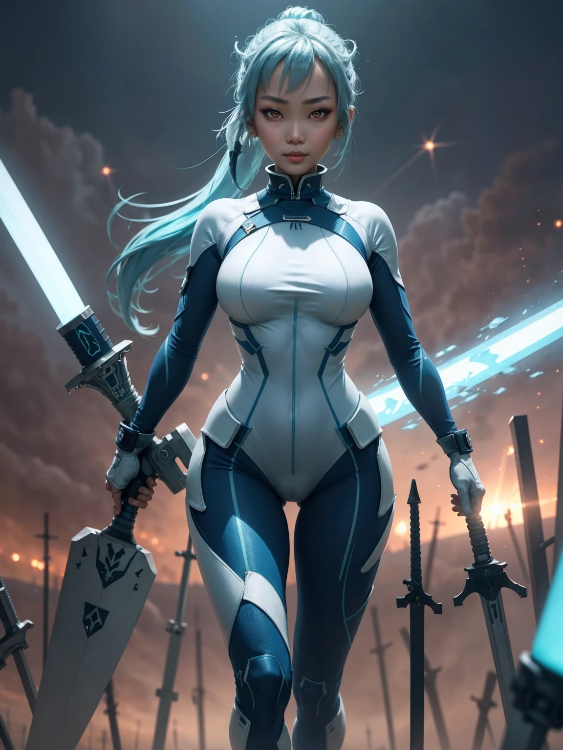 4K,hight resolution,One Asian Woman, light blue hair,poneyTail.Green eyes,Colossal ,White Cybersuit,Bodysuits, (holding Longsword), spaceship at the background in the space,Axe