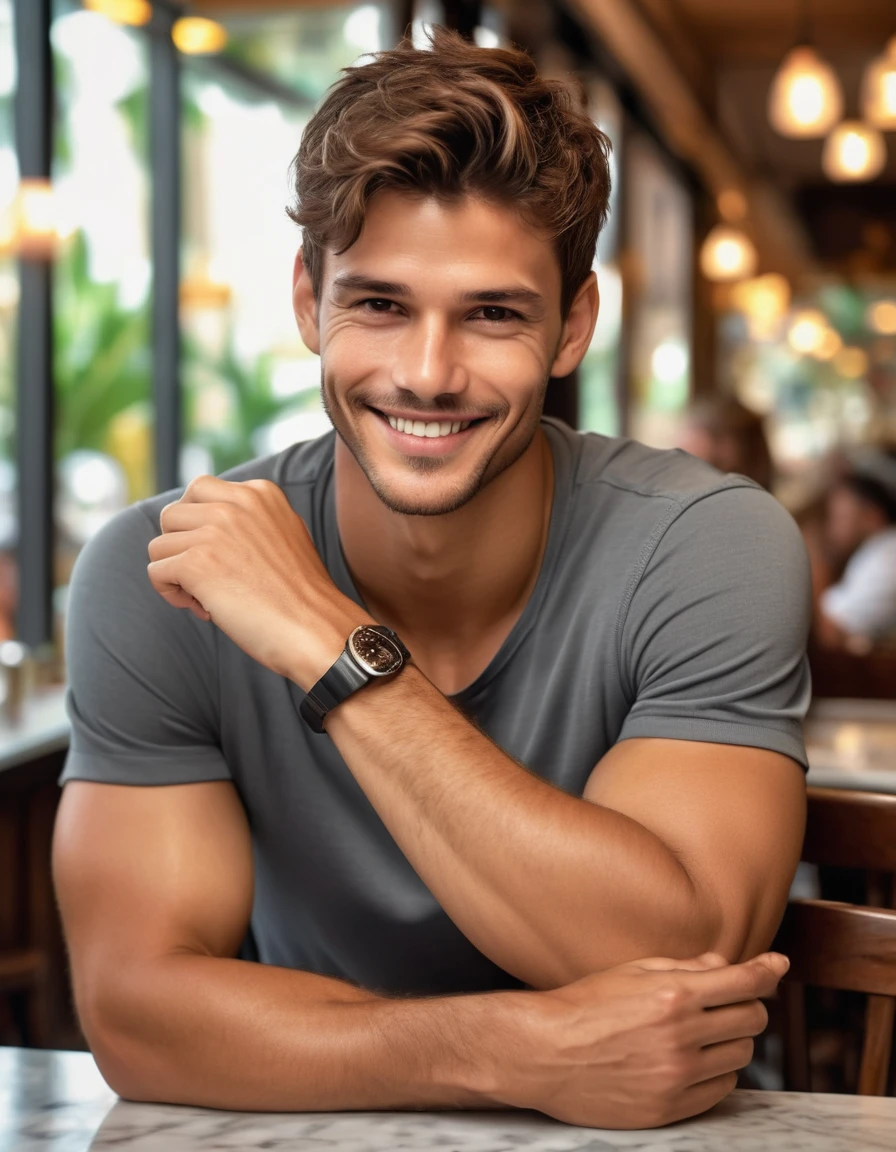 a beautiful Brazilian male model with stunning, (in a restaurant), ultra-realistic details, Smiling towards the camera, corporate photo, Medium shot photo, three quarters, crossed arms, beautiful appearance, Short Brown Messy Hair, clear honey eyes, Perfect charming smile, Sexy Created, hot man, insanely beautiful, That&#39;s the trend of ArtStation。Octane is the perfect tool to capture the smoothest details of this 16k photographic masterpiece。, Canon, NIKON