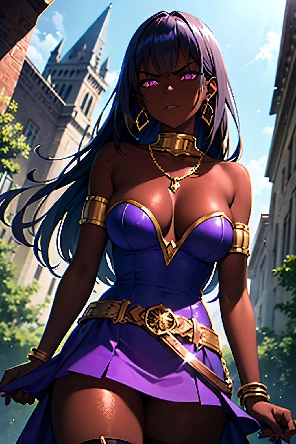 skinny, purple dress, gold hems, strapless dress, gold accessories, gold belt, gold thigh garter, gold necklace, gold earrings, gold bracelet, gold armlet, witch, purple aura around her, shaded face, upskirt, angry face, view from below, ruins of a castle, lustrous dark skin, purple iridescent hair, glowing purple eyes