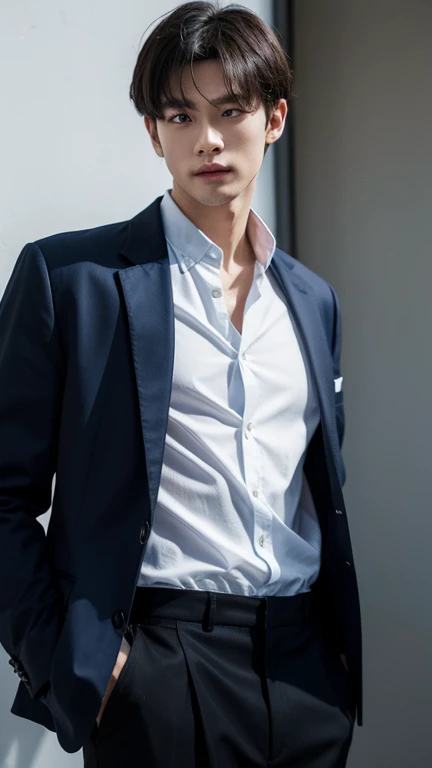 solo , 1man , thai man , blue Button-down shirt with collar , black Long pants , happy , white jacket