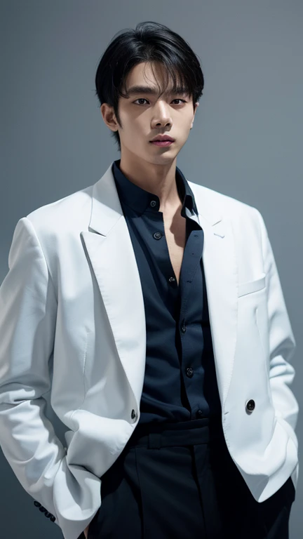 solo , 1man , thai man , blue Button-down shirt with collar , black Long pants , happy , white jacket