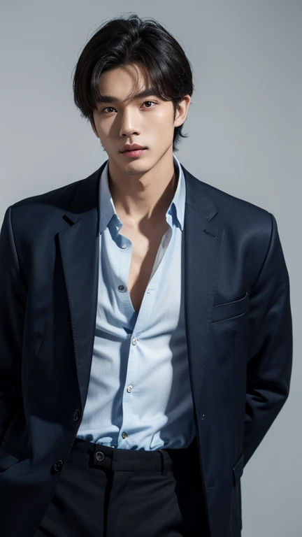 solo , 1man , thai man , blue Button-down shirt with collar , black Long pants , happy , white jacket