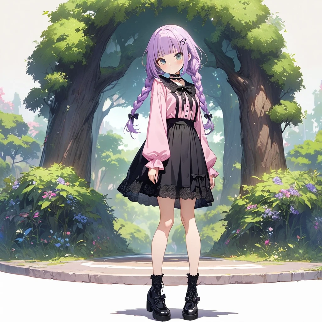 (Cute a girl:1.5), (a girl with closs hair pin, pale purple hair, wavy two braids, blunt bangs hair, green and black eyes, closs hair pin, pink shirt, cosplay, jirai kei, bangs, black skirt, black bow, looking at viewer, bow, long sleeves, choker, ribbon:1.4), anime visual, (tilt head:1.3), realistic lighting and shading, (an extremely delicate and beautiful art:1.3), kawaii, masterpiece, detailed description, detailed line drawing,  black lace parasol, abundant greenery roadside tree, from the side, looking at the viewer, full body shot,