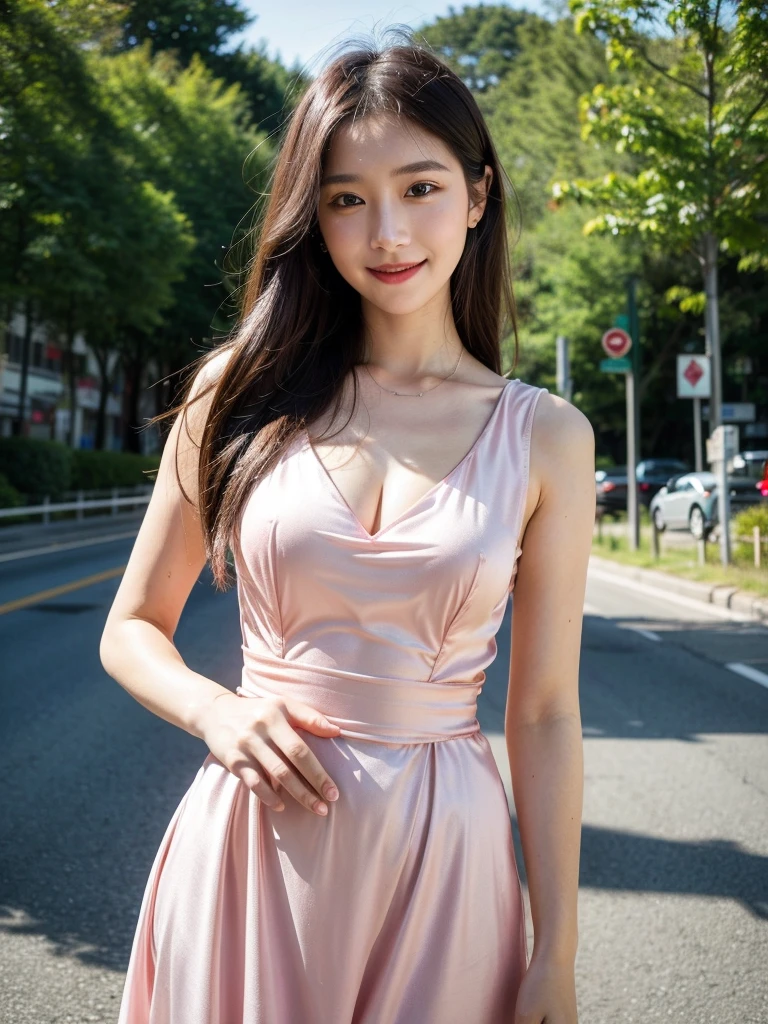 beautiful detailed Korean girl, 16 years youngest girl, beautiful detailed eyes, beautiful detailed lips, extremely detailed face and eyes, long eyelashes, delicate features, elegant pose, standing beside beautiful highway road, wide highway, flower trees beside highway, cinematic lighting, vibrant colors, photorealistic, 8k, (best quality,4k,8k,highres,masterpiece:1.2),ultra-detailed,(realistic,photorealistic,photo-realistic:1.37),  UHD, beautiful face, realistic face, realistic skin, realistic smile, realistic atmosphere, every thing is realistic, cutest smile, realistic body, realistic body language, realistic hands, realistic arms, realistic hand fingers, realistic legs, round young breasts, perfect body figure, standing beside highway, above ankle body shot, cute face, stylish look, stylish angles, ((silky satin pink above knee length dress)),(smile:1.2), bright skin, cute, sweet, one hand on hip another hand on chest pose, realistic pose