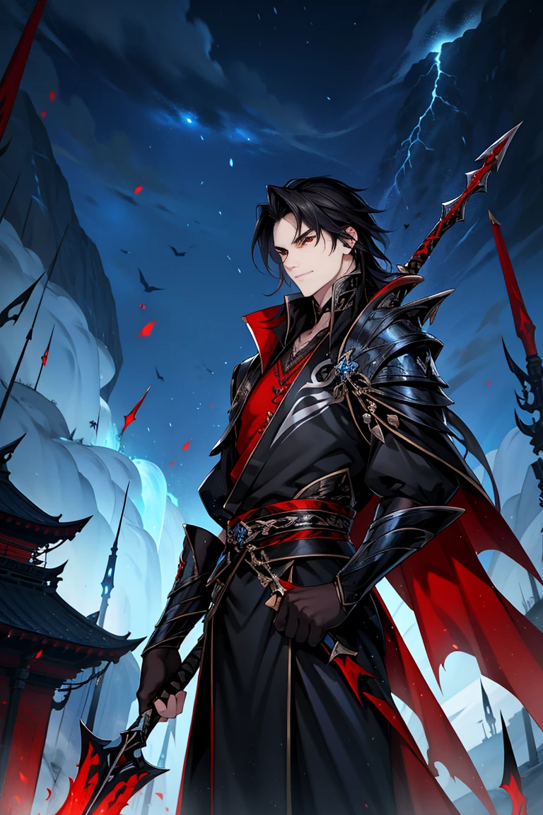 The impressive landscape of Mahutori is visible in the background, vampire man, Hanfu, black armor and spear handle, sword with blue lightning coming out of it fiery details, cabelos preto e longos, red eyes，the night，starrysky，rays of moonlight，Asian architecture，Best quality at best，16k,tmasterpiece，random expressions,random action