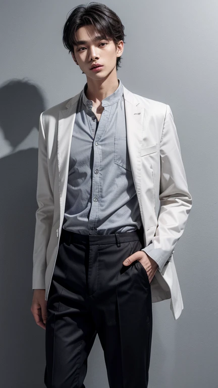 solo , 1man , thai man , grey Button-down shirt with collar , black Long pants , happy , white jacket