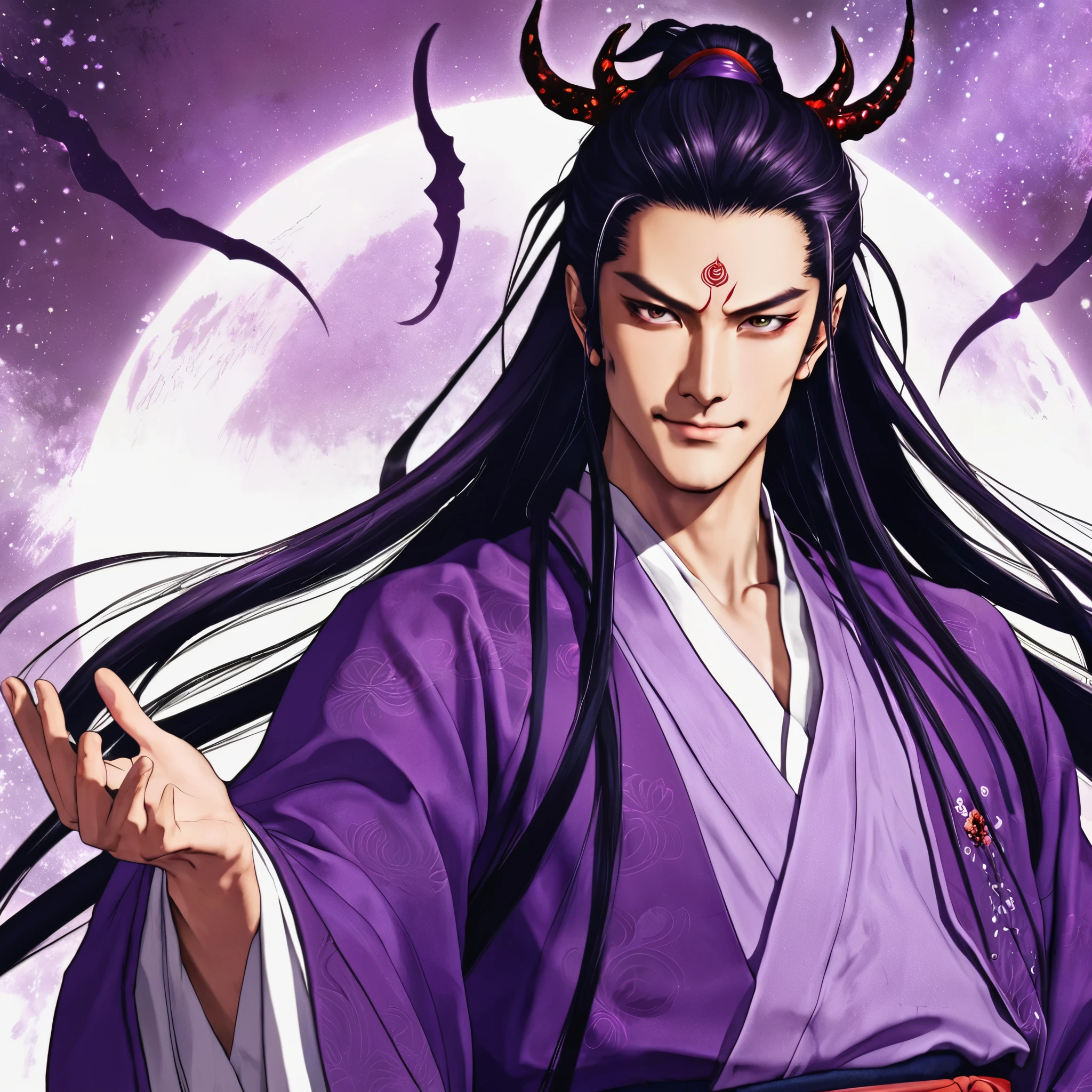 I want a human with a more human appearance and of Japanese ethnicity, man, I want him to have a mean smile, and an extremely strong purple demonic aura that surrounds his entire being, This man will have long hair and wear Daimyo's luxury clothes, will have scarlet purple eyes and appear to be 26 years old at most. captured in an ultra-realistic full HD 4K portrait, detailed texture showing its menacing shape, Immersive atmosphere, high definition shadow play, digitalpainting, nevoa no environment. I want a different monster from each other and make the image darker, obscure, creating a dark and dimly lit horror atmosphere!