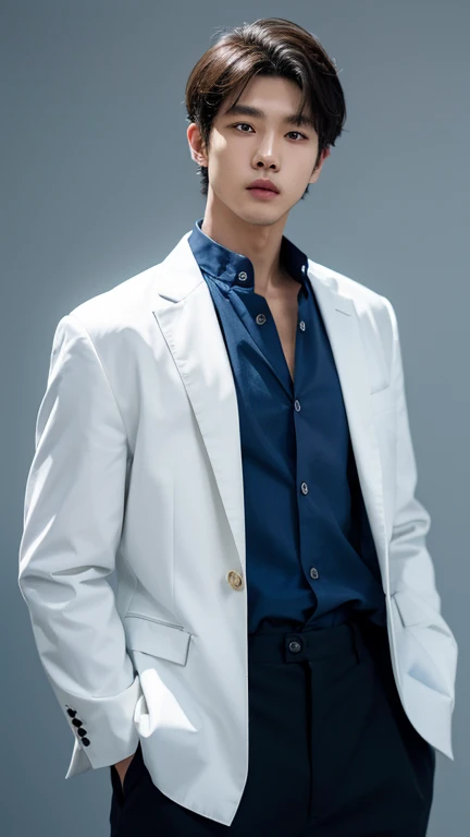 solo , 1man , thai man , blue Button-down shirt with collar , black Long pants , happy , white jacket