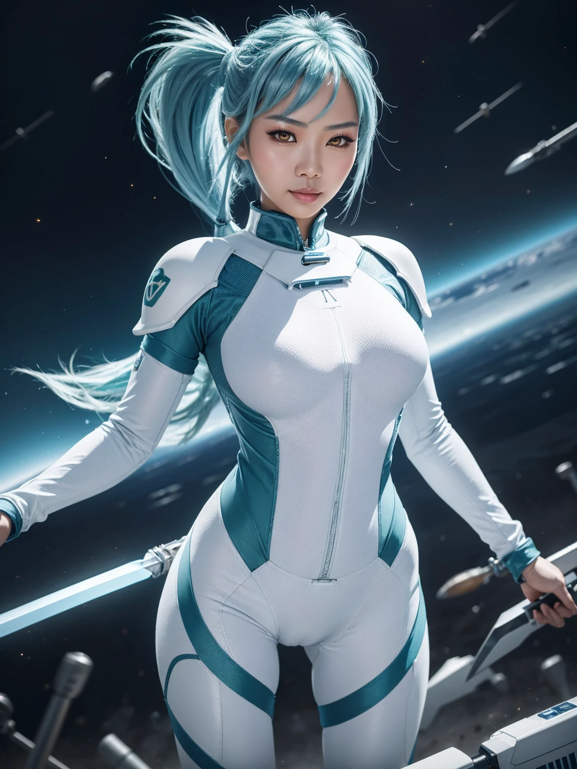 4K,hight resolution,One Asian Woman, light blue hair,poneyTail.Green eyes,Colossal ,White Cybersuit,Bodysuits, (holding Longsword), spaceship at the background in the space,Axe