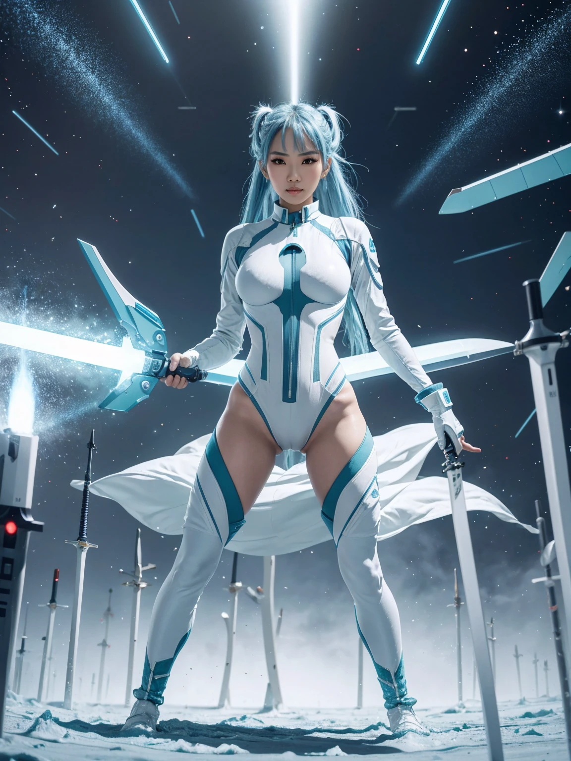 4K,hight resolution,One Asian Woman, light blue hair,poneyTail.Green eyes,Colossal ,White Cybersuit,Bodysuits, (holding Longsword), spaceship at the background in the space,Axe