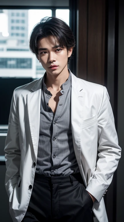 solo , 1man , thai man , grey Button-down shirt with collar , black Long pants , happy , white jacket