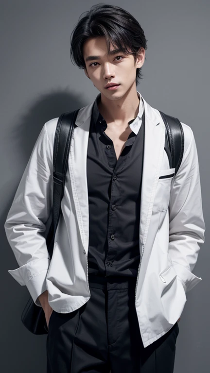 solo , 1man , thai man , grey Button-down shirt with collar , black Long pants , happy , white jacket