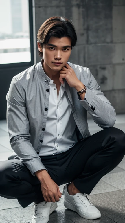 solo , 1man , thai man , grey Button-down shirt with collar , black Long pants , happy , white jacket