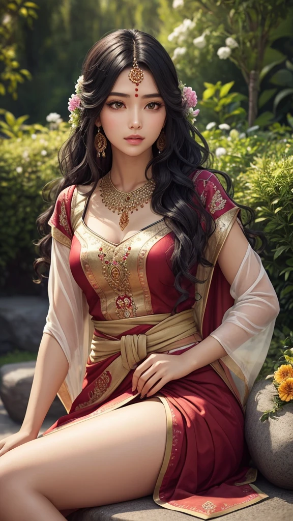 beautiful girl, Black wavy hair, Wear traditional Indian clothes, sitting on a stone in the garden , Beautiful flowers and tresses in the background., 8ก, Very realistic, Highly detailed, High texture, waist, leg, ต้นleg, jewelry on waist, charming, Look sexy