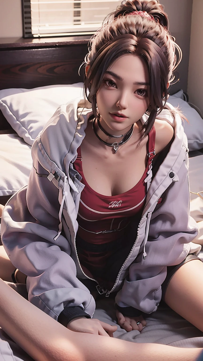 一个女孩Lying in bed，Dressed in suspender pajamas，Face up，Raise your legs slightly，Front view super detailed beautiful big breasted girl ************. Ultra HD, 4K, 8K, Movie，whole body，Lying down，Long legs，Very big breasts，whole body捕捉，（（（Lying in bed））），（（（whole bodyLying in bed））），big bed，Off-shoulder，Shoulder-length skirt，Lying in bed，Sleeping on the pillow，Lying down，Headrest pillows，（（（平Lying in bed））），whole body平Lying in bed