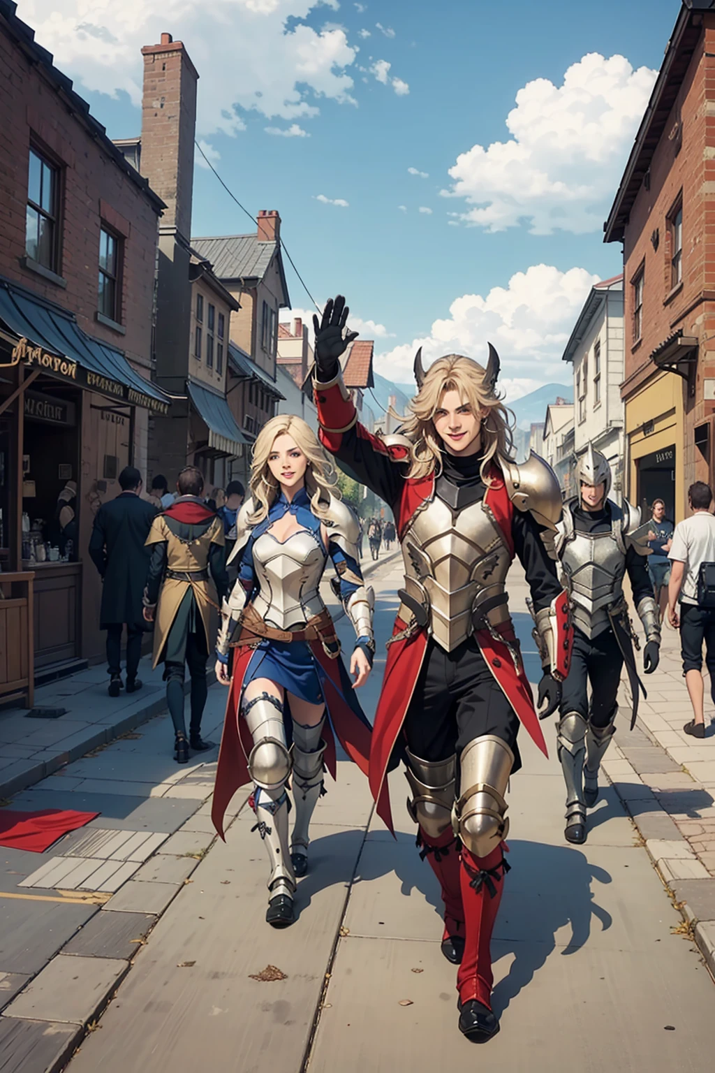 1 muscular male and 1 beautifull girl long blonde messy hair, wearing full black and red knight armor, fully armored, waving to the peoples, walking together in the town full of peoples, smiling,  