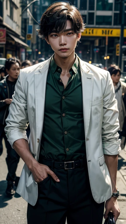 solo , 1man , thai man , green Button-down shirt with collar , black Long pants , happy , white jacket
